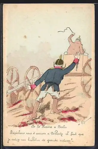 Künstler-AK Kaiser Wilhelm II. nach der Niederlage in der Marneschlacht, Propaganda Entente