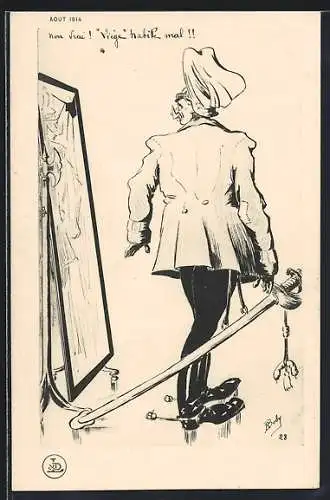 Künstler-AK Kaiser Wilhelm II. mit riesigem Säbel und Spiegel, Propaganda Entente