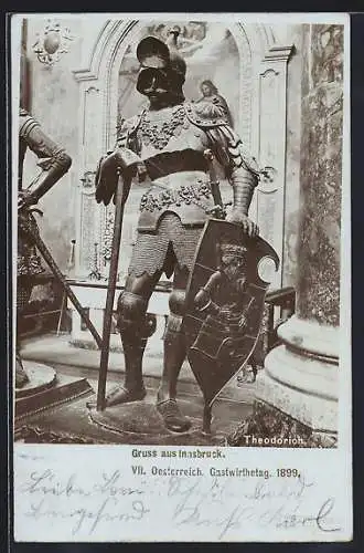 Foto-AK Fritz Gratl, Innsbruck, Ritterrüstung mit Schild und Schwert