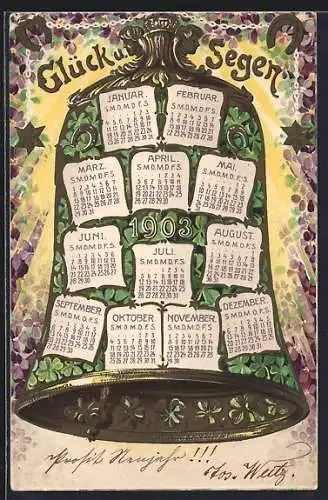 AK Kalender auf Glocke, Glück- und Segenswünsche