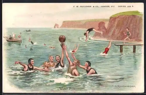 Künstler-AK Water Polo, Menschen beim Wasserball