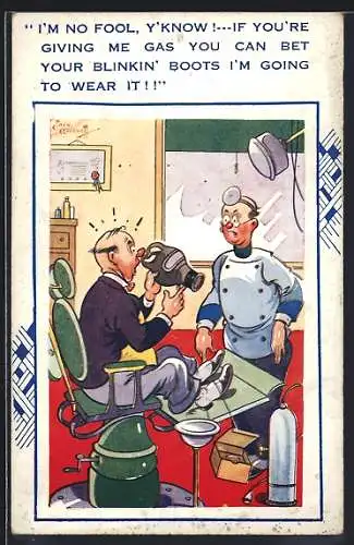 Künstler-AK Patient beim Zahnarzt mit Gasmaske