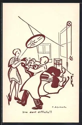 Künstler-AK Zahnarzt beim Ziehen eines Zahns
