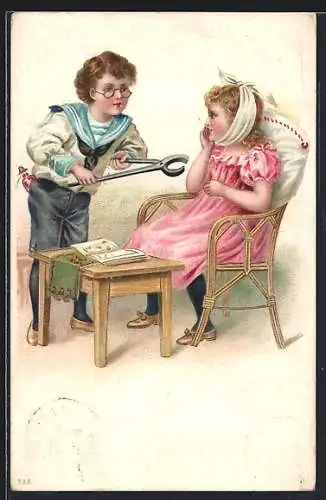 Künstler-AK Kinder spielen Zahnarzt
