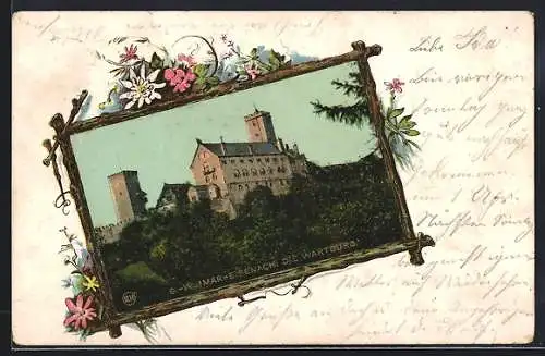 Passepartout-Lithographie Eisenach, Wartburg, Holzrahmen
