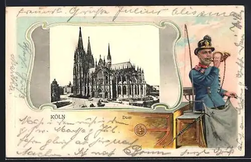 Passepartout-Lithographie Köln, Dom, Postkutscher