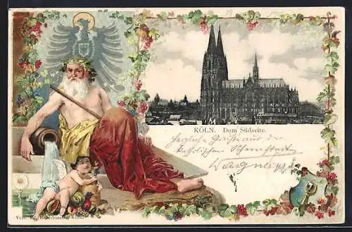 Passepartout-Lithographie Köln, Dom, Südseite, Vater Rhein