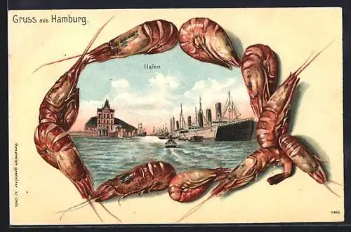 Passepartout-Lithographie Hamburg, Hafen in einem Krebsring