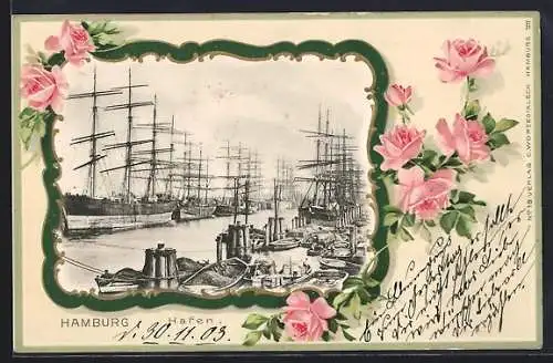 Passepartout-Lithographie Hamburg, Hafen mit Segelschiffen