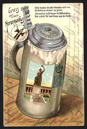 AK München, Bierkrug vom Hofbräuhaus, darauf Bavaria und Ruhmeshalle
