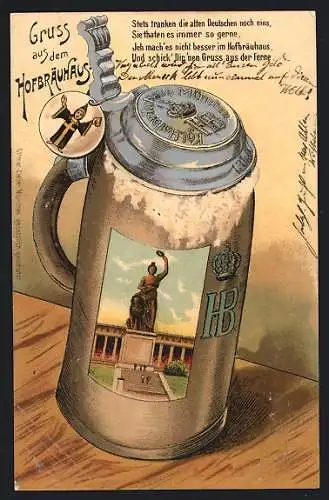 AK München, Bierkrug vom Hofbräuhaus, darauf Bavaria und Ruhmeshalle