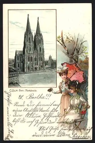 Passepartout-Lithographie Cöln, Dom, Portalseite, Damen mit Schirm