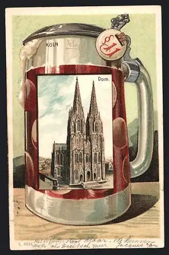 Lithographie Köln, Dom auf Bierkrug