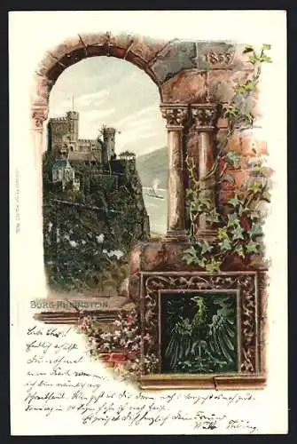 Passepartout-Lithographie Trechtingshausen, Burg Rheinstein am Rhein, Wappen