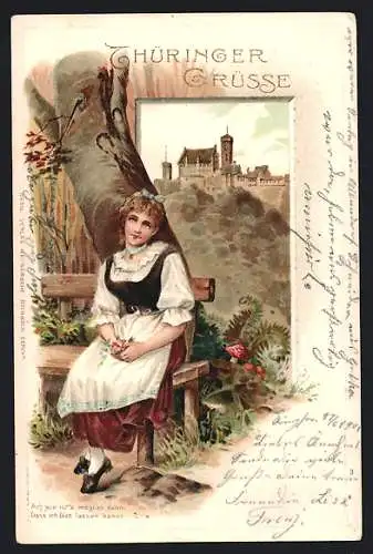 AK Frau in Tracht auf einer Bank, im Hintergrund die Wartburg