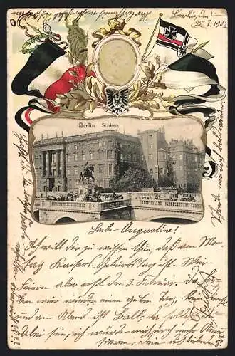 Passepartout-Lithographie Berlin, Schloss, Kaiser Wilhelm II., Reichsfahne