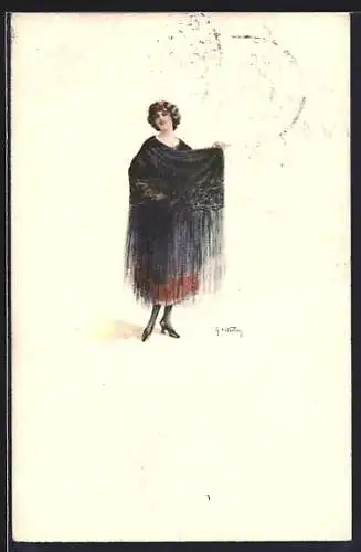 Künstler-AK sign. G. Vicentini: Elegante Dame mit Schal