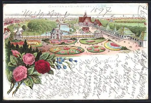 Lithographie Hamburg, Allgemeine Gartenbau-Ausstellung, Gelände aus der Vogelschau