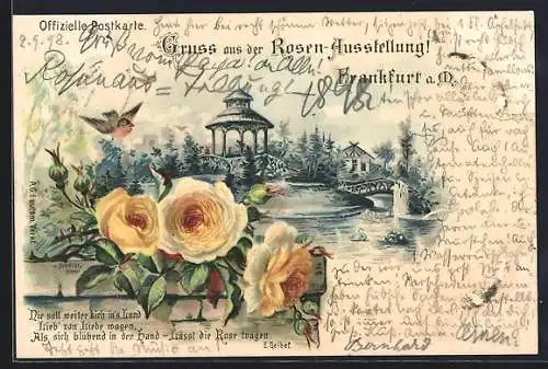 Lithographie Frankfurt am Main, Rosen-Ausstellung, Pavillon am Wasser mit gelben Rosen