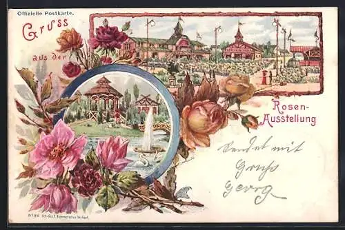 Künstler-AK Frankfurt am Main, Rosen-Ausstellung, Teichpartie, Partie im Park