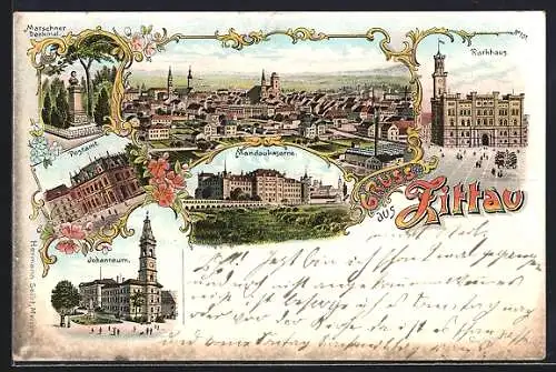 Lithographie Zittau, Mandaukaserne, Postamt, Marschner-Denkmal