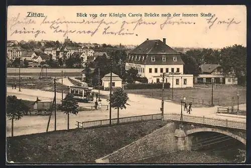 AK Zittau, Strassenbahn an der Königin Carola Brücke