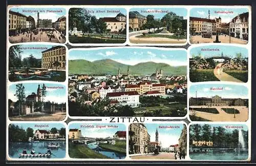 AK Zittau i. Sa., Krematorium, Burgteich, Marktplatz mit Platzmusik, Rathausplatz, Bahnhof