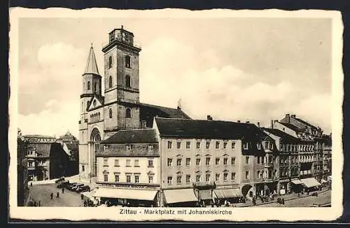 AK Zittau, Marktplatz mit Johanniskirche und Geschäft Heinrich Bursch