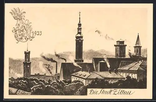 Künstler-AK Zittau, Stadtansicht mit Wappen