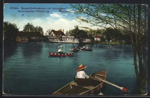 AK Zittau, Burgteich-Restaurant mit Gondelfahrt, Konzertgarten