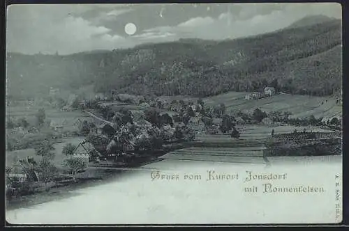 Mondschein-AK Jonsdorf, Ortsansicht mit Nonnenfelsen