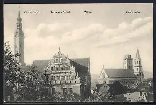 AK Zittau, Ansicht mit Klosterkirche, Museum-Giebel und Johanniskirche