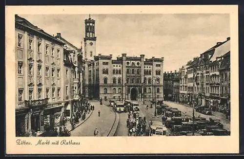 AK Zittau, Markt mit Rathaus