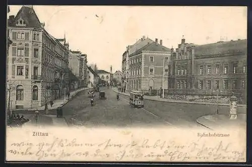 AK Zittau, Strassenbahn auf der Bahnhofstrasse