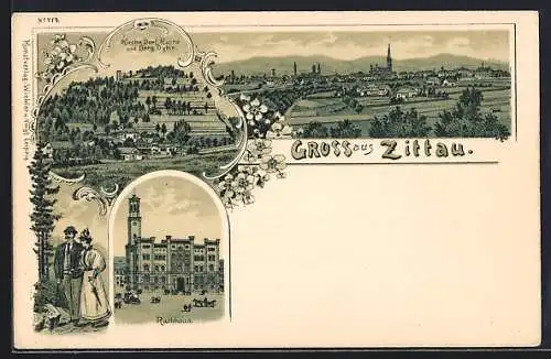 Lithographie Zittau, Ortsansicht, Rathaus, Kirche, Dorf, Ruine und Berg Oybin