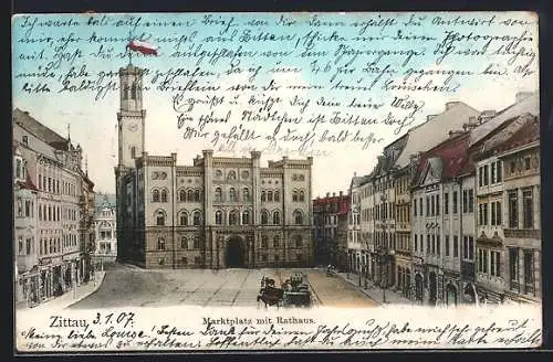AK Zittau, Marktplatz mit Rathaus