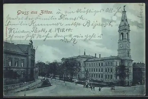 AK Zittau, Johanneum mit Strassenpartie