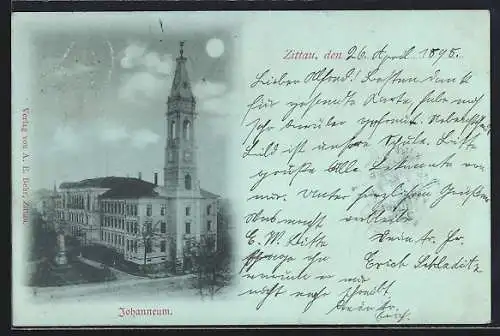 Mondschein-AK Zittau, Blick auf das Johanneum