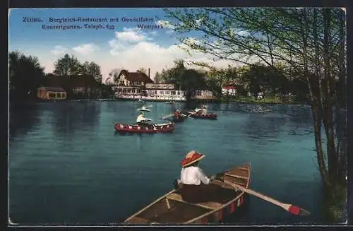 AK Zittau, Burgteich-Restaurant mit Gondelfahrt