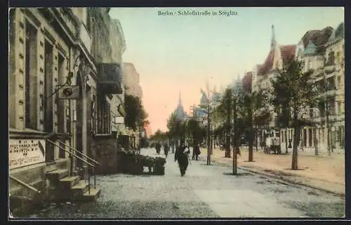 AK Berlin-Steglitz, Partie in der Schlossstrasse mit Geschäften u. Kirchturm