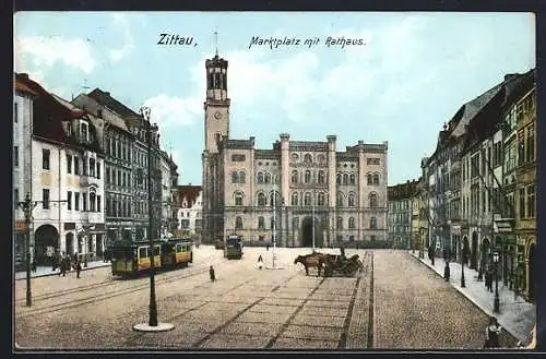AK Zittau, Marktplatz mit Rathaus