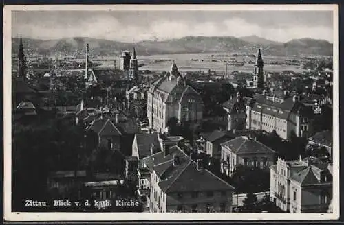 AK Zittau, Blick von der kath. Kirche über die Stadt zum Ameisenberg