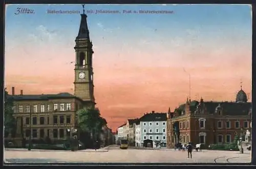 AK Zittau, Haberkornplatz mit Johanneum, Post und Bautzenerstrasse