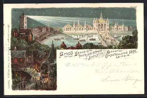 Lithographie Leipzig, Sächs.-Thür. Industrie- und Gewerbe-Ausstellung 1897, Turm der Wartburg beleuchtet die Haupthalle