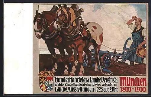 Künstler-AK München, Landwirtschaftliche Ausstellung 1910, Bauer beim Pflügen