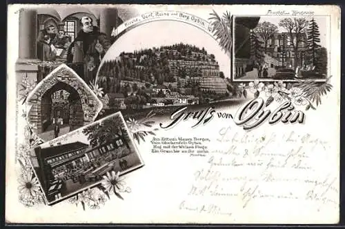 Lithographie Oybin, Gesellschaftsplatz und Gasthof, Friedhof und Kirchruine