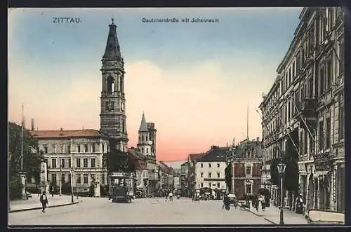 AK Zittau, Bautznerstrasse mit Johanneum, Strassenbahn