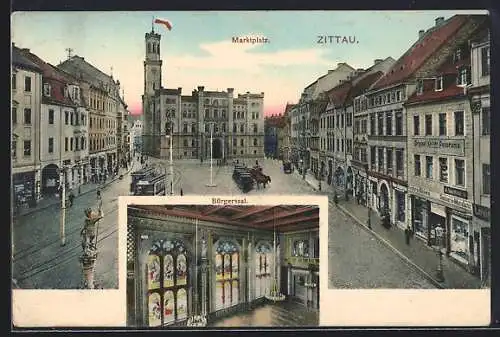 AK Zittau, Strassenbahnen auf dem Marktplatz, Bürgersaal