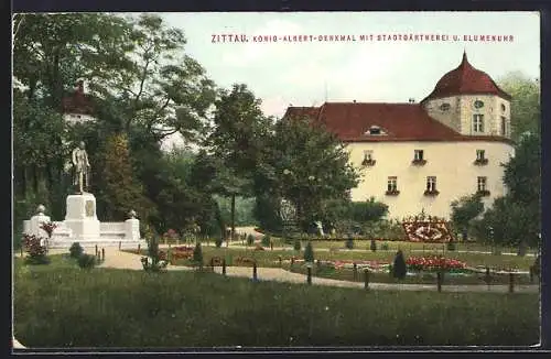 AK Zittau, König Albert-Denkmal, Stadtgärtnerei mit Blumenuhr