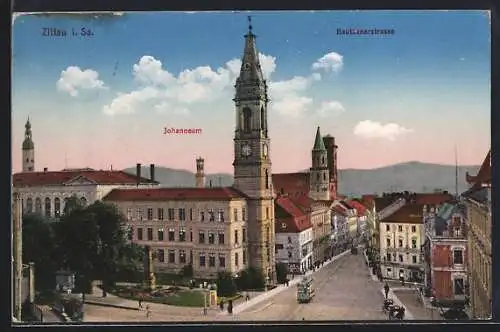 AK Zittau, Bautzenerstrasse, Johanneum, Strassenbahn